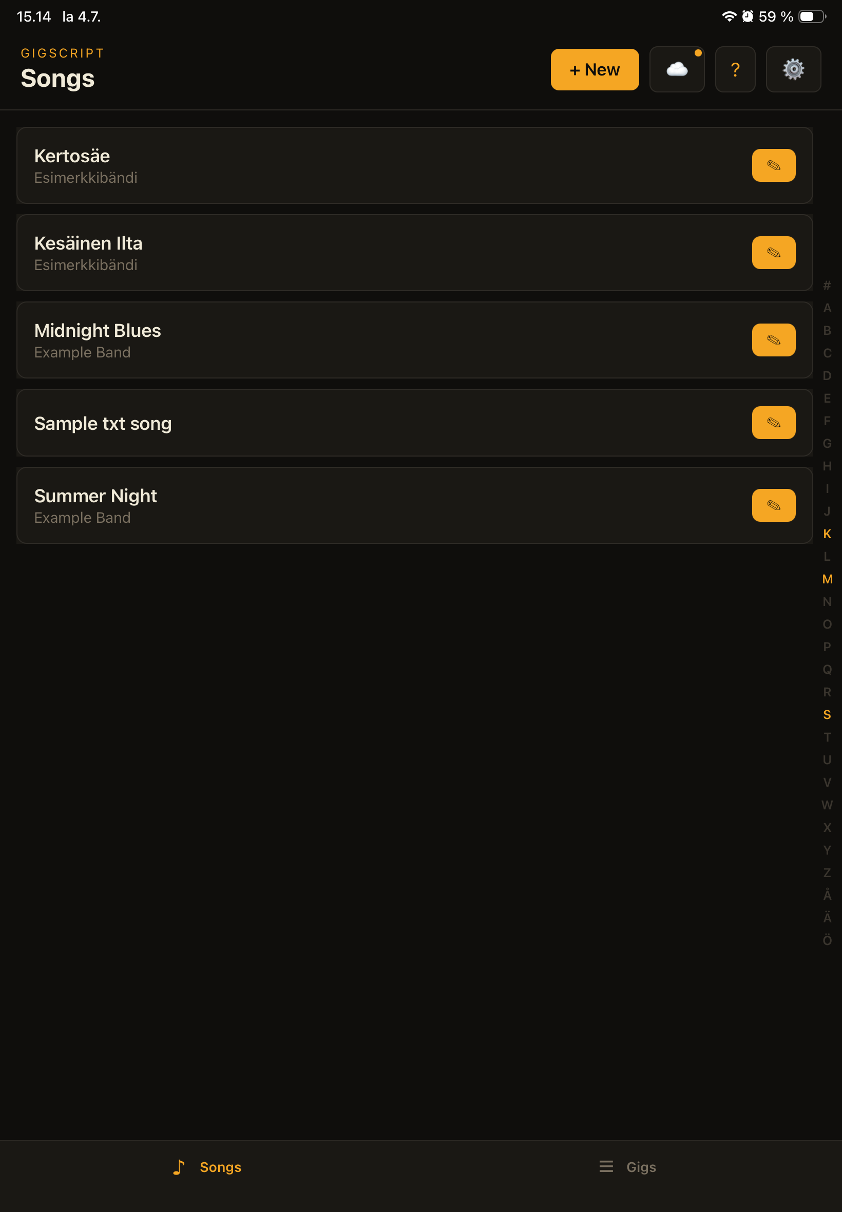 Song list with alphabet index
