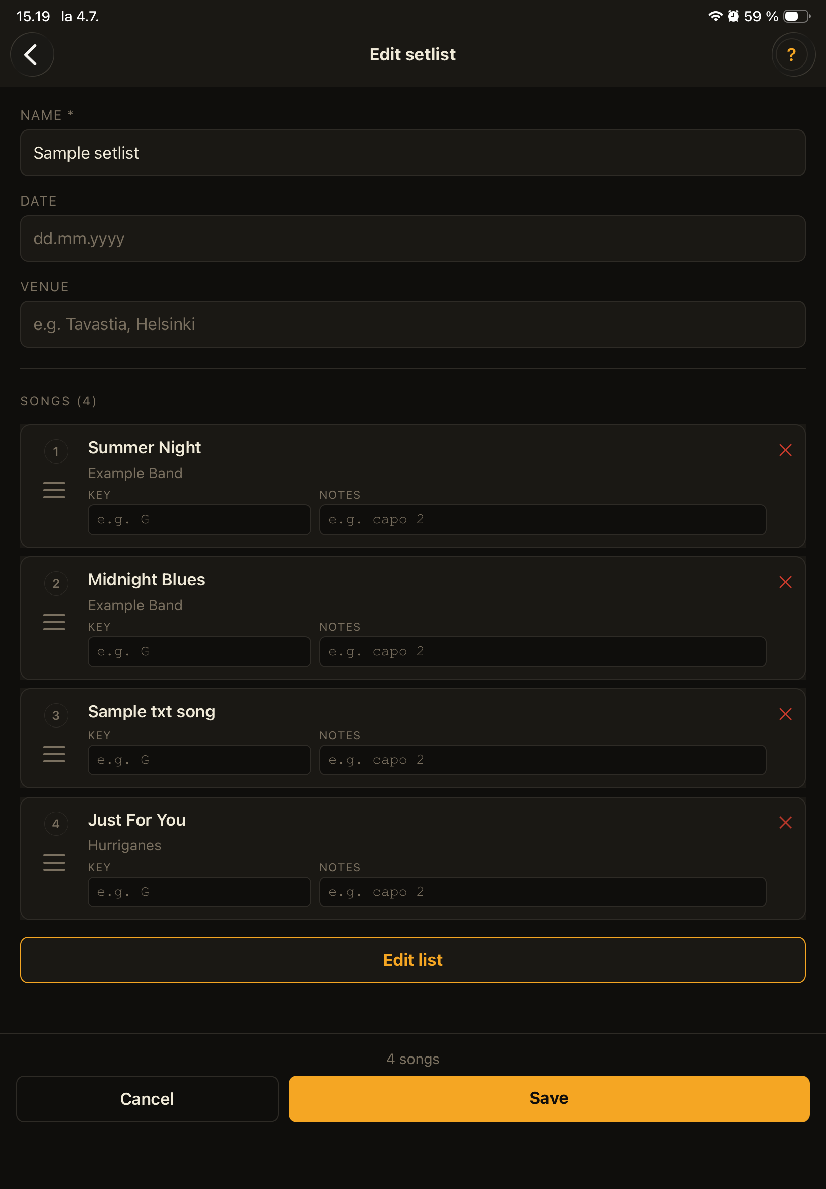 Setlist edit view